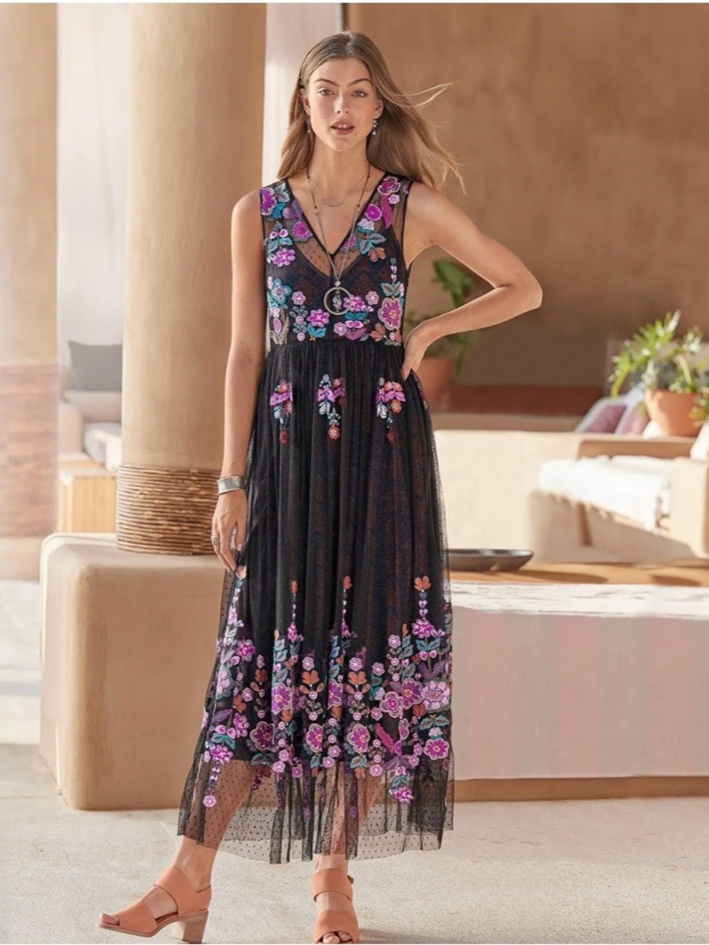 Sundance Black Maxi Dress with Pink & Purple Floral Embroidery